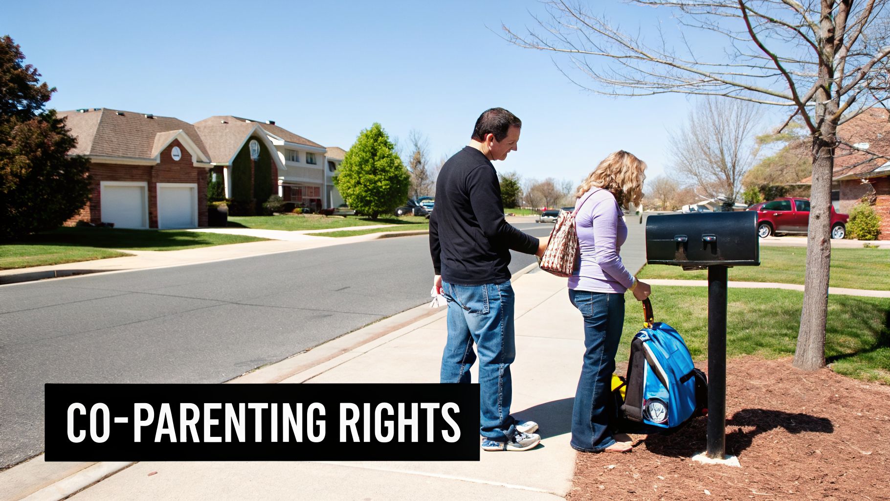 A man and a woman on a sidewalk next to a mailbox, with a blue backpack, representing co-parenting.