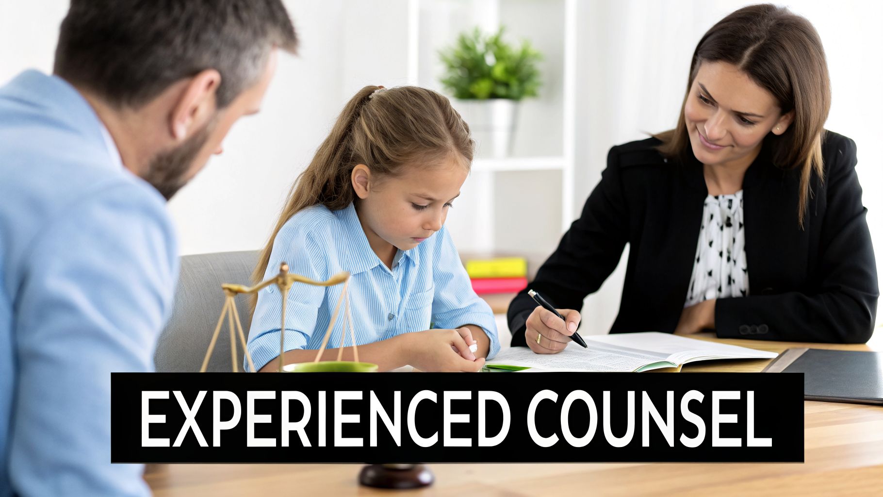 A professional female lawyer consults with a man and young girl at a desk with scales of justice.