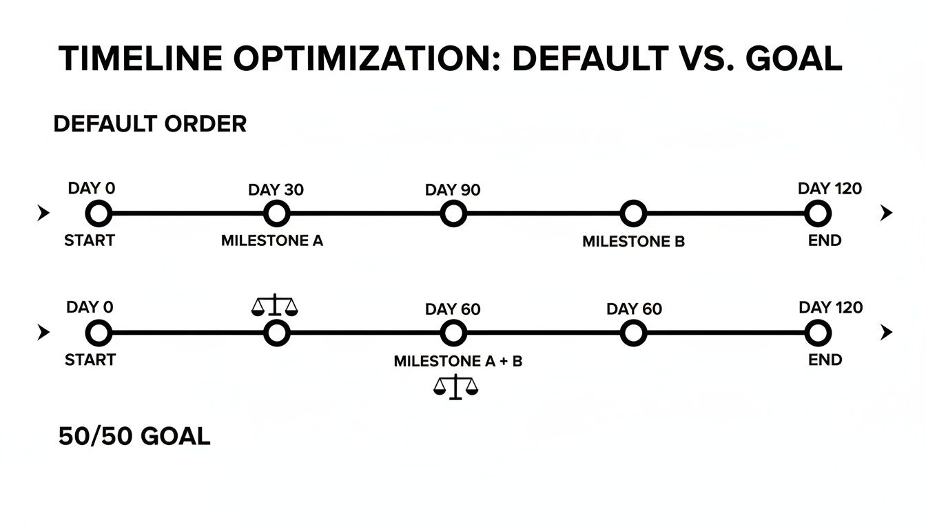 Comparison of default and optimized project timelines showing milestone adjustments for efficiency.