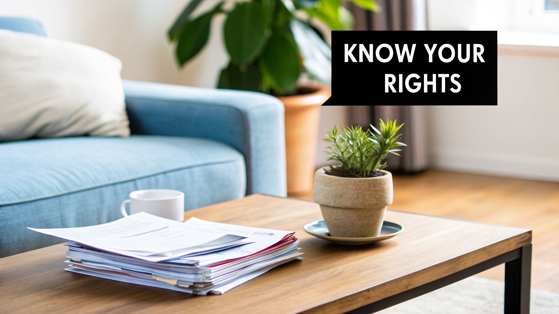 A stack of papers and a small plant on a coffee table, with a "Know Your Rights" speech bubble.