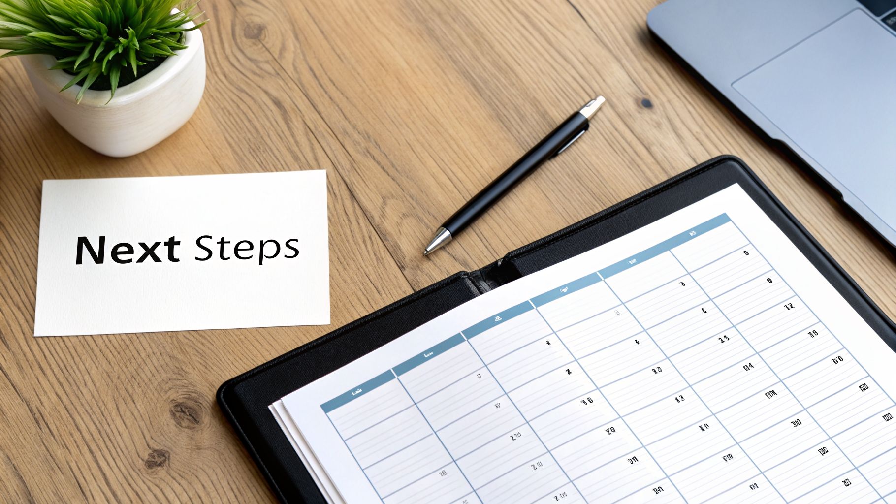 A white card displaying 'Next Steps' on a wooden desk with a plant, pen, planner, and laptop.