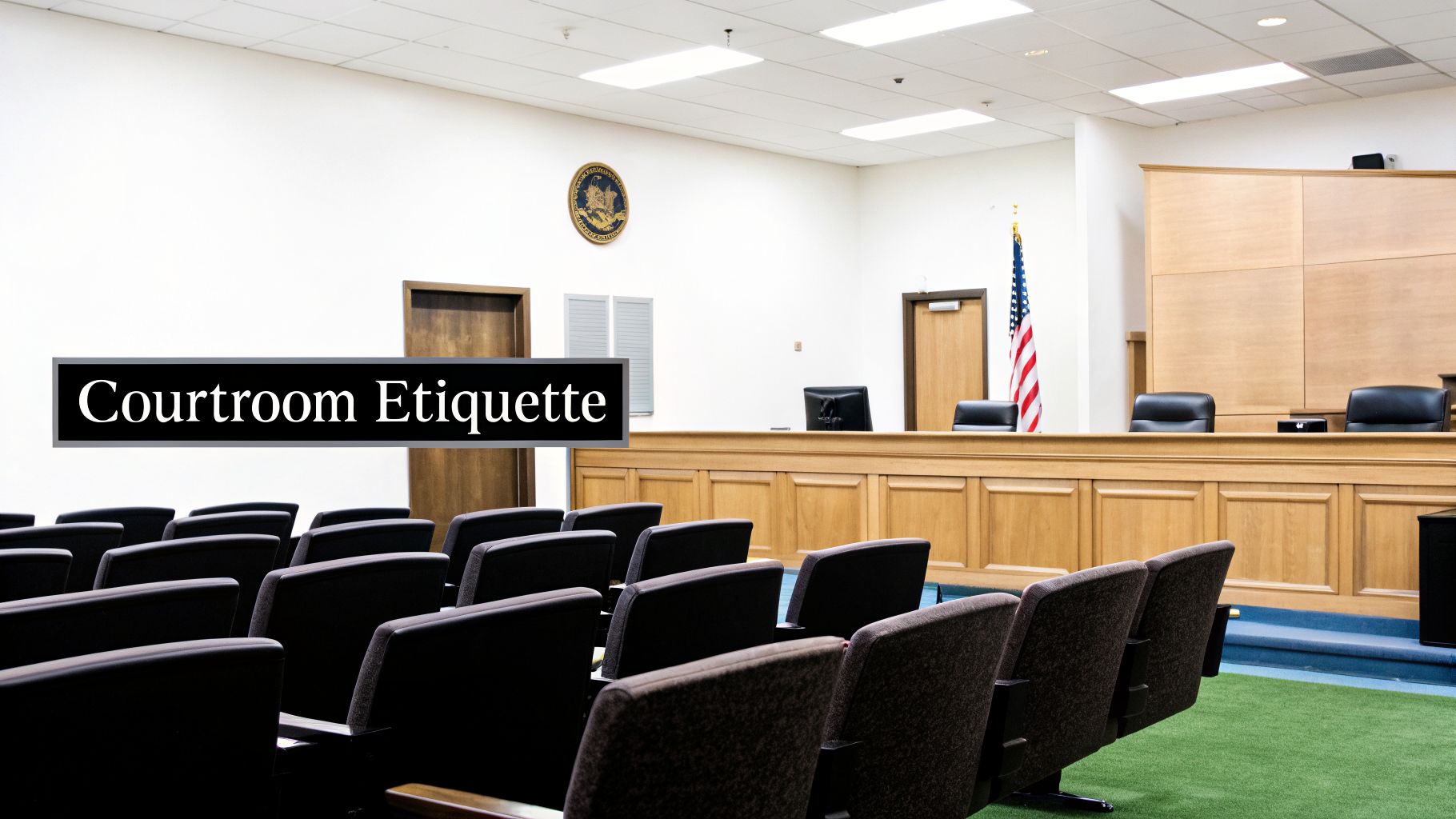A courtroom interior with empty spectator seats, a judge's bench, and a sign reading 'Courtroom Etiquette'.