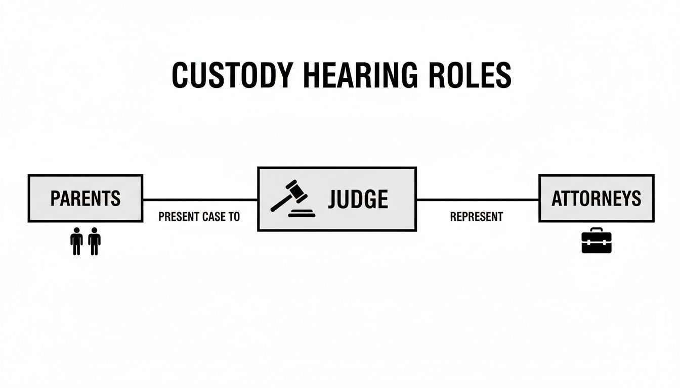 Diagram illustrating the roles of parents, judge, and attorneys in a child custody hearing.