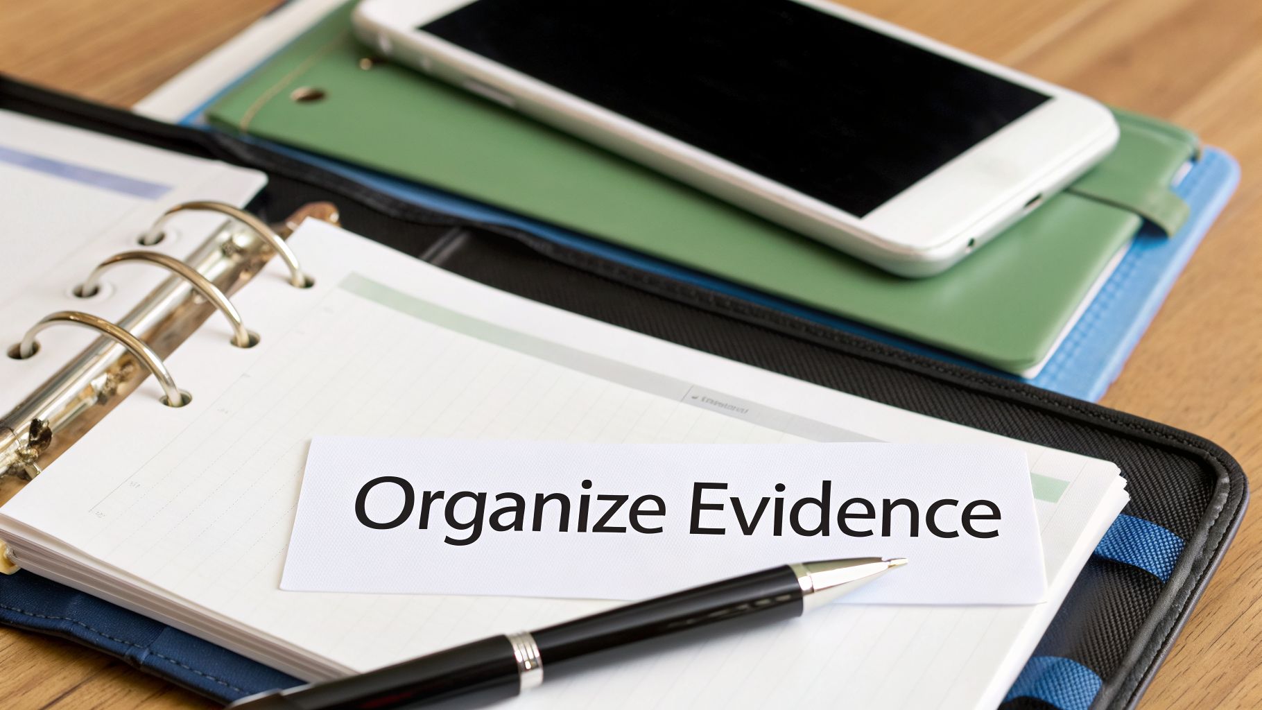 Open planner with 'Organize Evidence' note, a pen, smartphone, and notebooks on a wooden table.