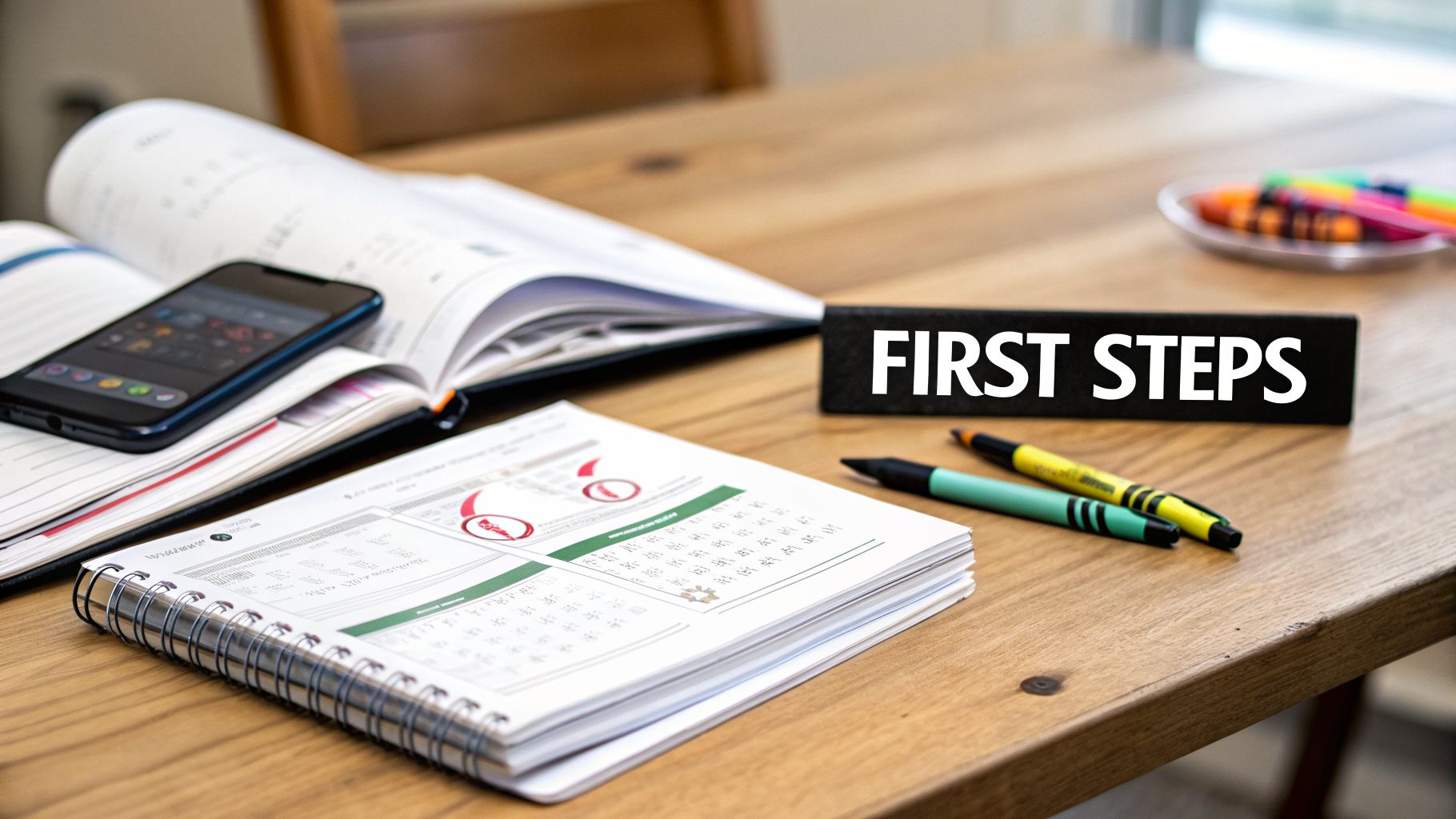 A wooden desk featuring an open planner, smartphone, and a sign displaying "FIRST STEPS."
