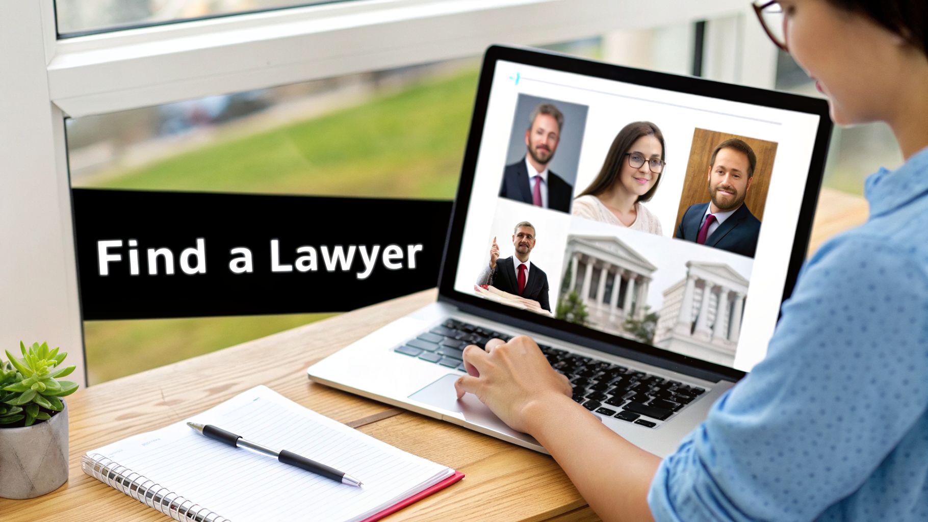 A person searches for lawyers online on a laptop, showing profiles and court buildings.