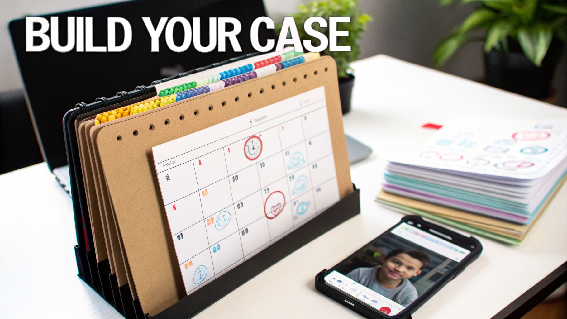 A desk with a file organizer, calendar, laptop, and smartphone, representing case building.