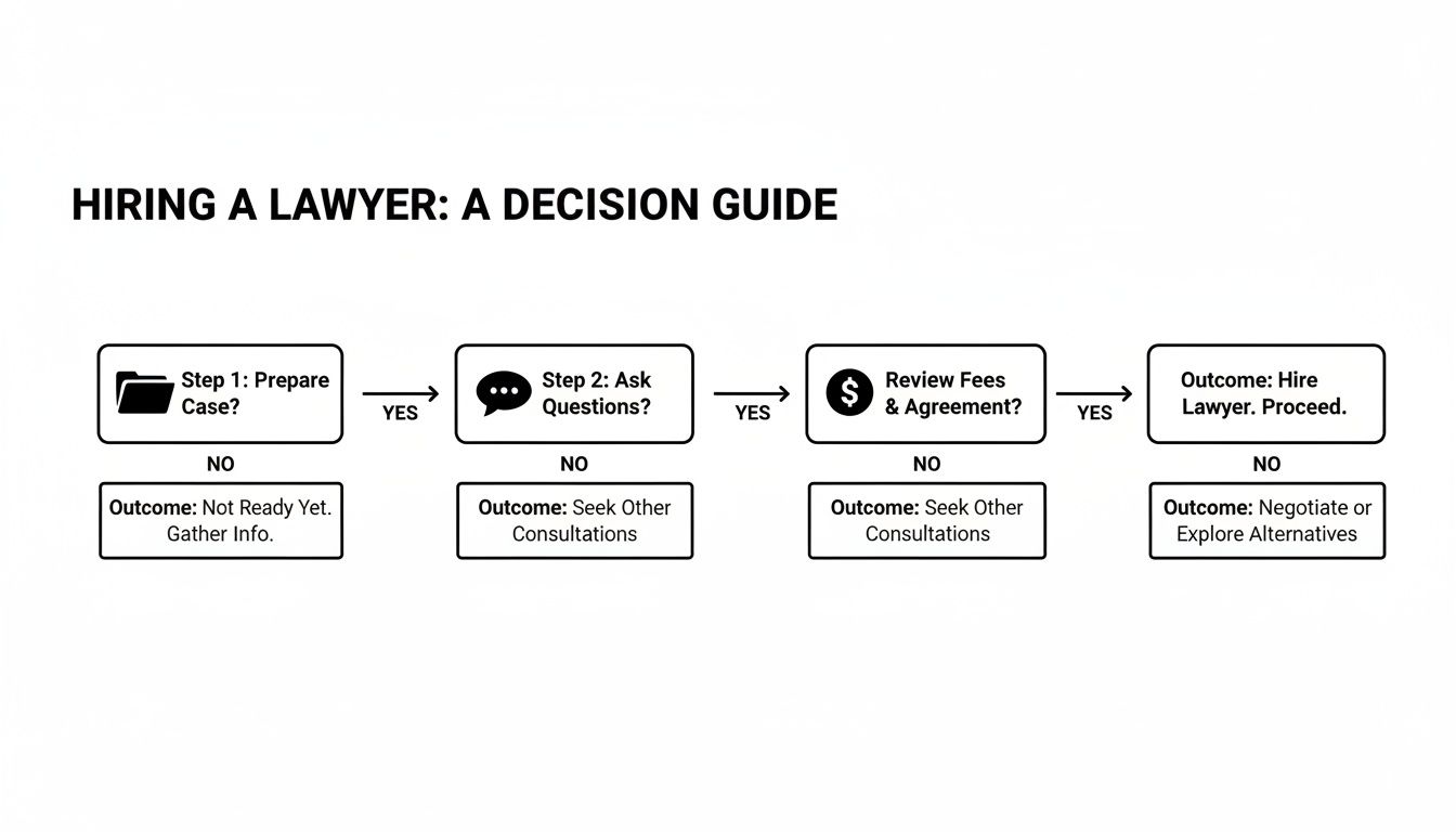 Flowchart illustrating the decision-making process for hiring a lawyer, from case preparation to agreement.