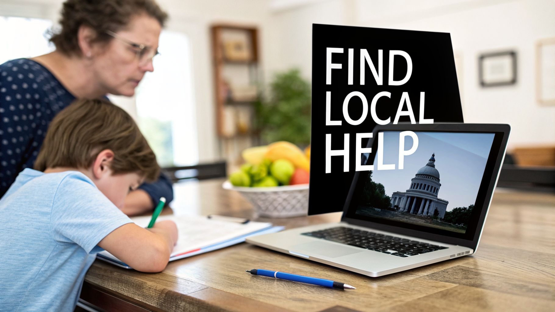 An adult watches a child doing homework, with a laptop showing 'FIND LOCAL HELP' and the US Capitol.