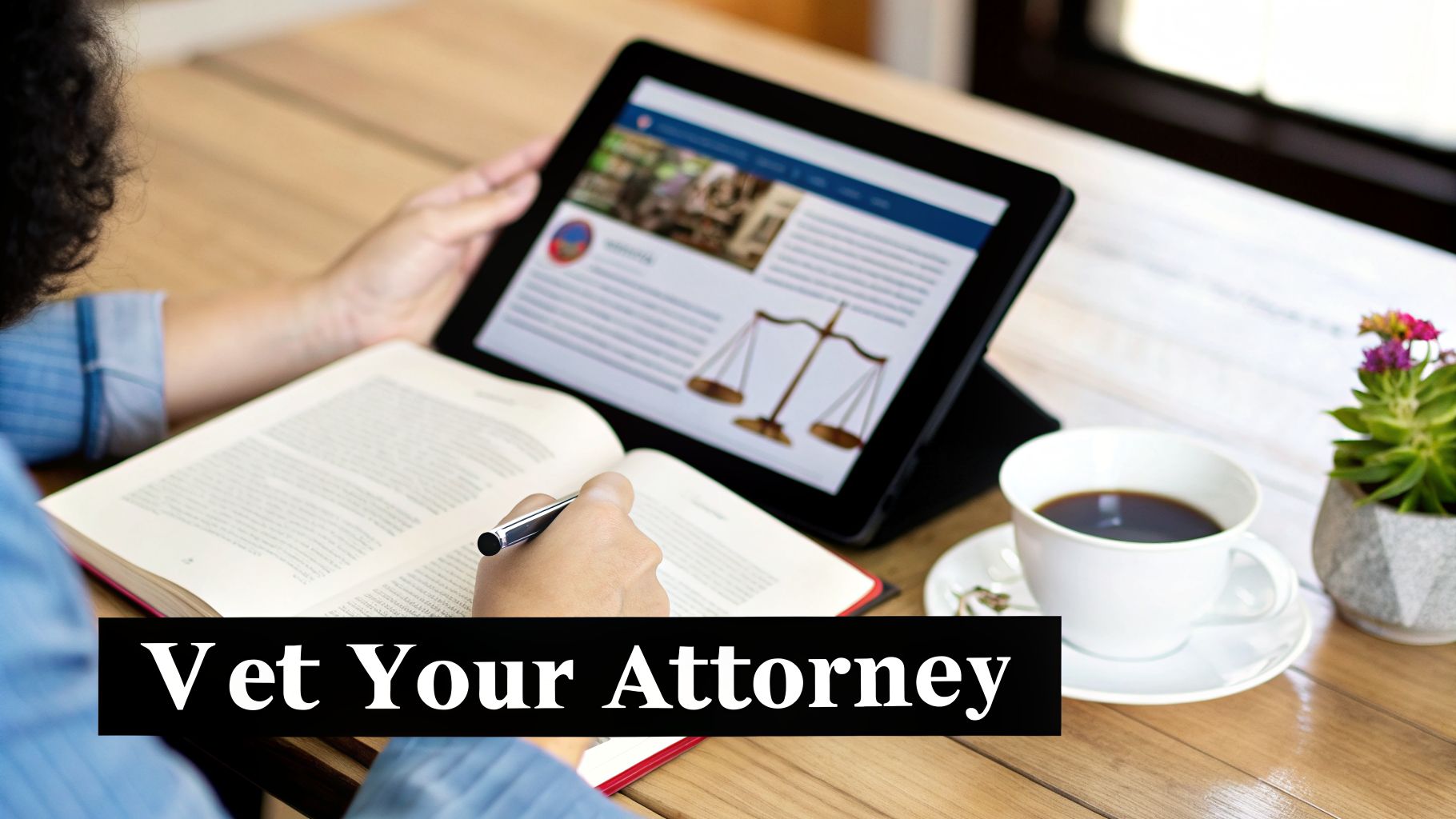 A person studying legal documents on a tablet and book, with a coffee and plant on a wooden table.