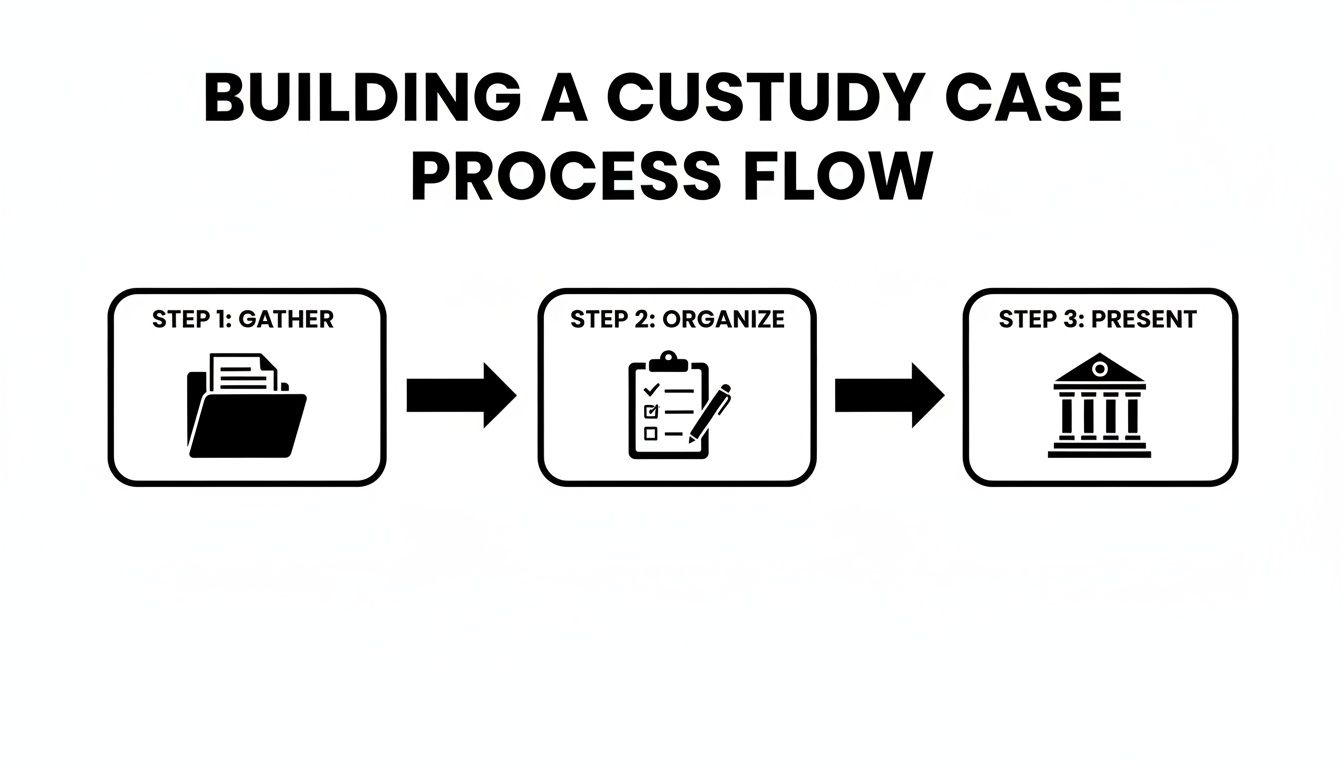 A process flow diagram showing three steps to building a custody case: gather, organize, and present.