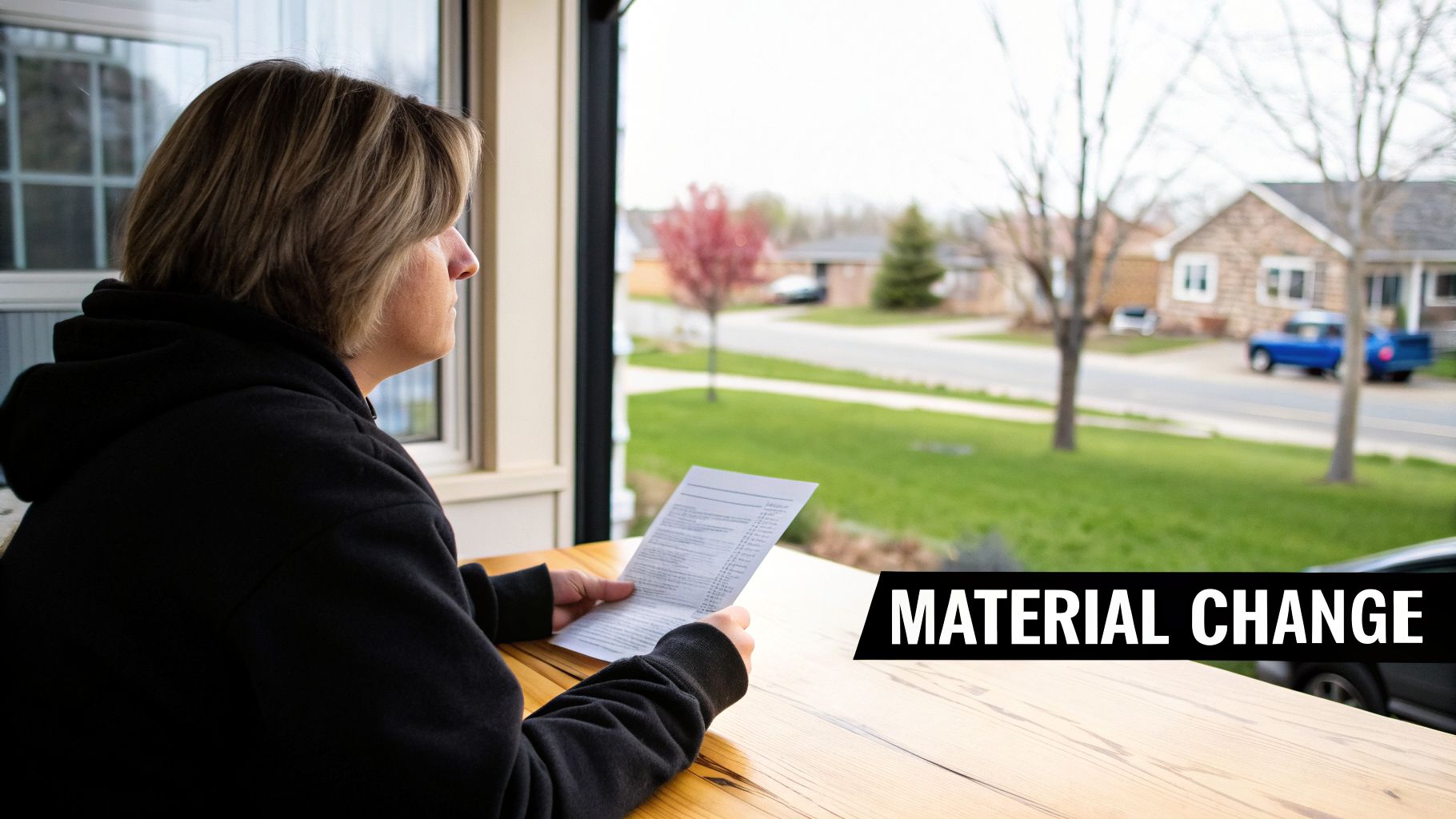 Woman at a table holding documents, looking contemplatively out a window, with "MATERIAL CHANGE" text.