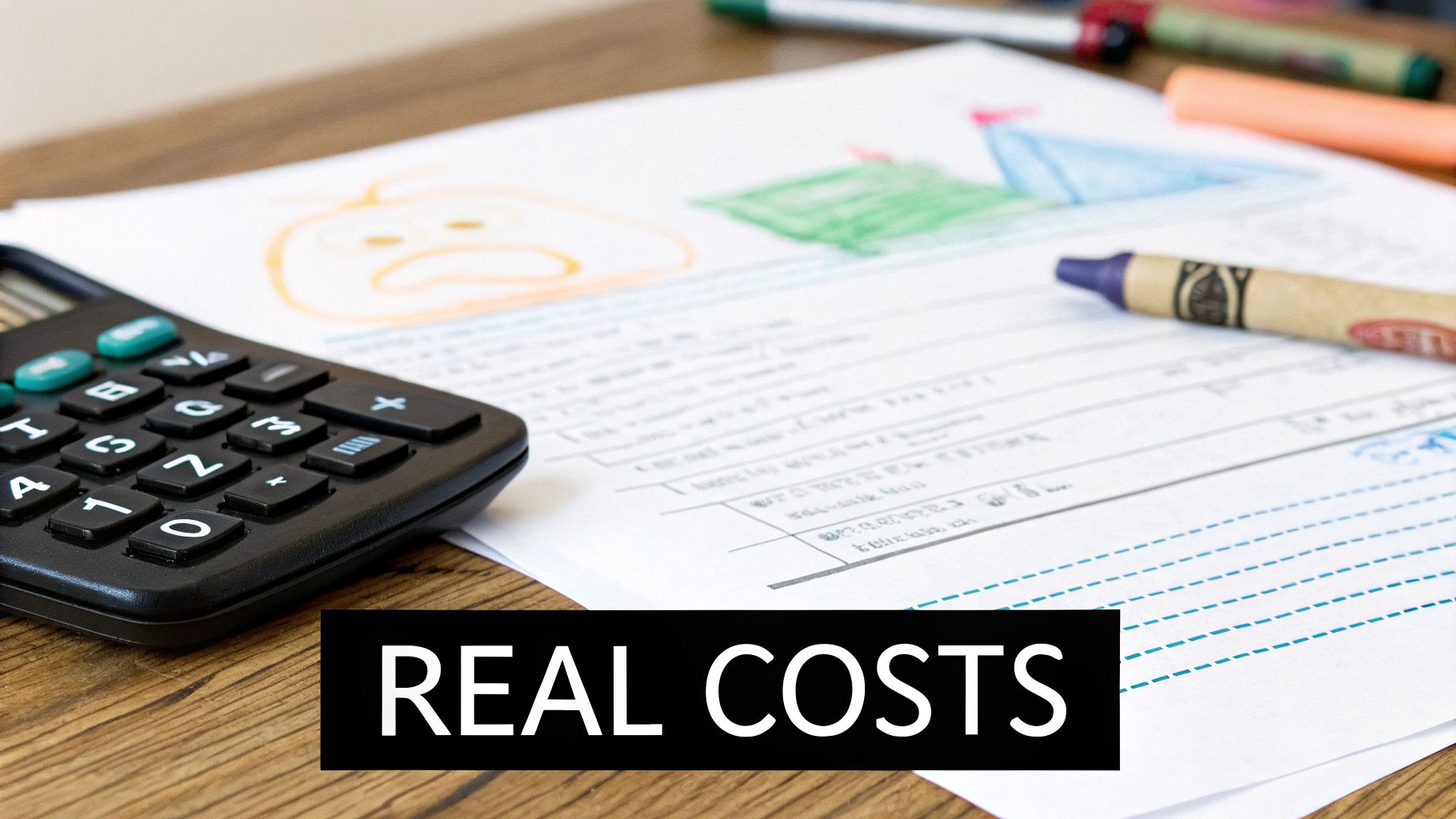 A calculator, child's drawings, and written notes on paper, with a 'REAL COSTS' text overlay.