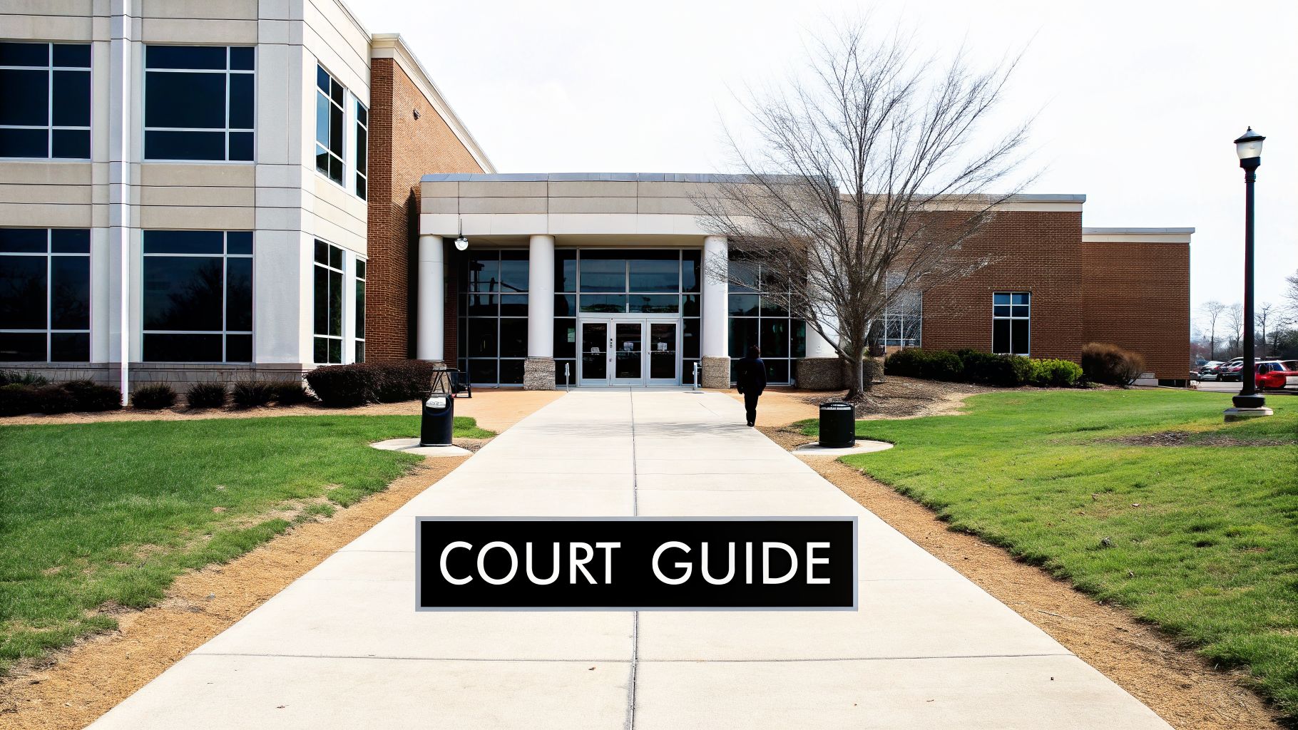 A modern courthouse building with a paved walkway leading to its entrance, surrounded by green grass.