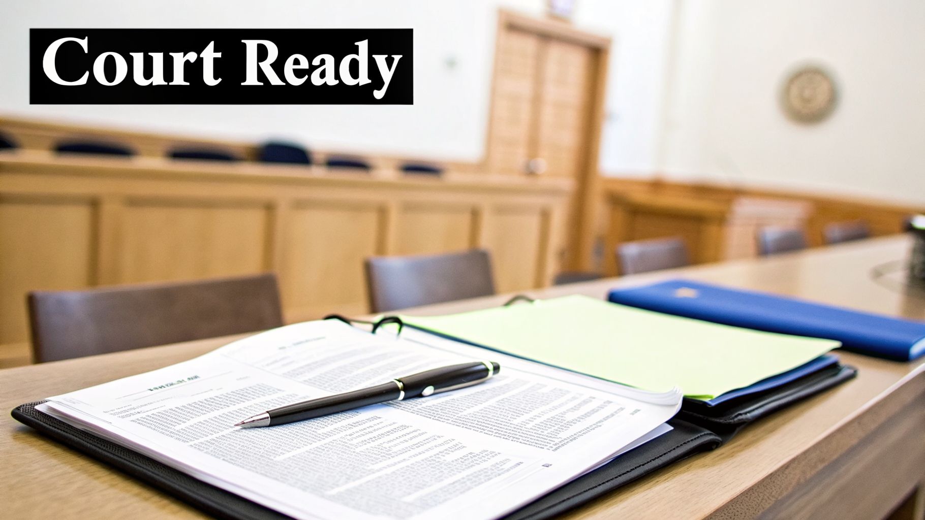 A courtroom table with open documents, a pen, and folders, indicating readiness for a legal proceeding.