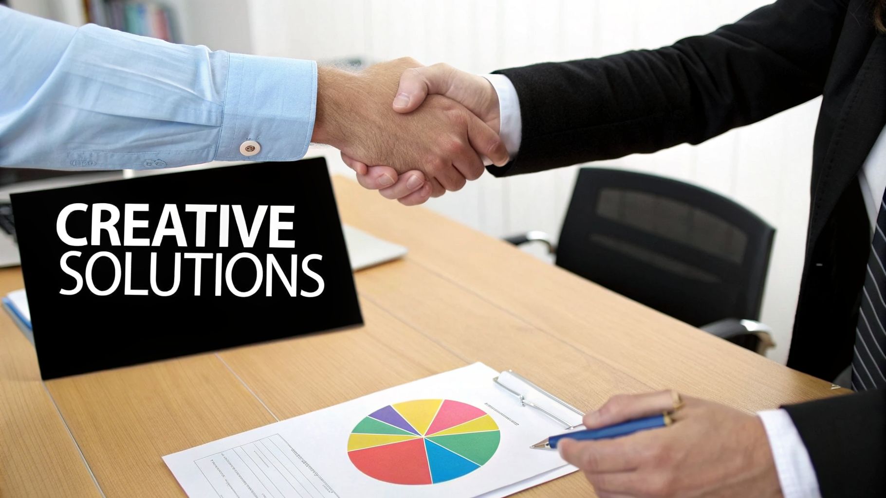 Business professionals shaking hands with a 'CREATIVE SOLUTIONS' sign and a pie chart on a desk.