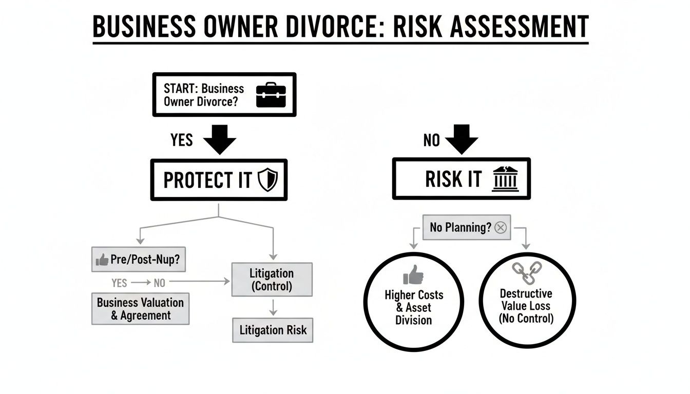 Flowchart detailing divorce risk assessment for business owners, showing paths to protect or risk assets.