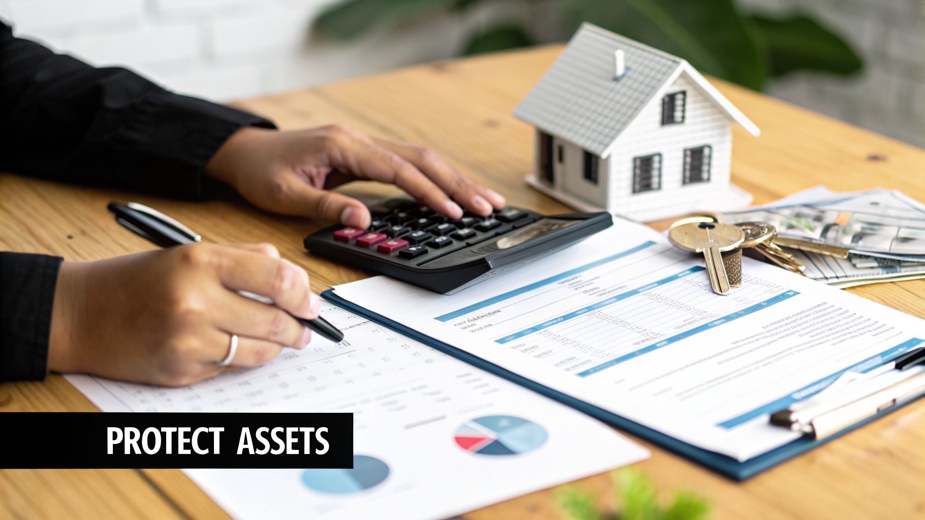 Person calculating finances and writing on documents with a model house and keys, symbolizing asset protection.