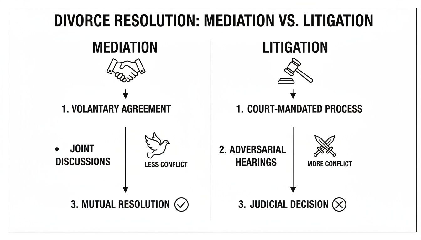 Infographic comparing divorce resolution through mediation (voluntary agreement, less conflict) versus litigation (court-mandated process, more conflict).