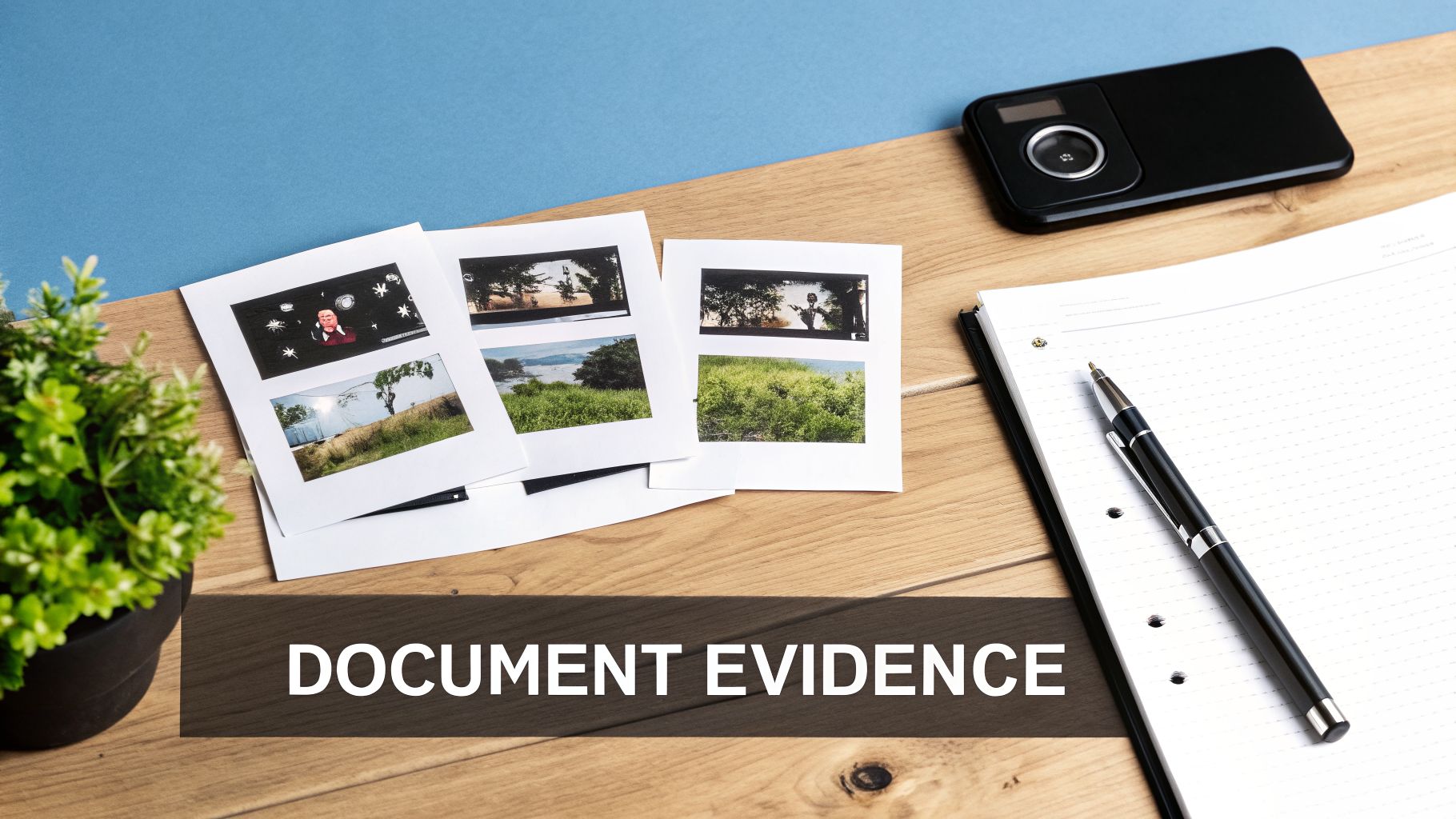 Photos, a pen, and a notebook on a wooden desk, symbolizing document evidence.