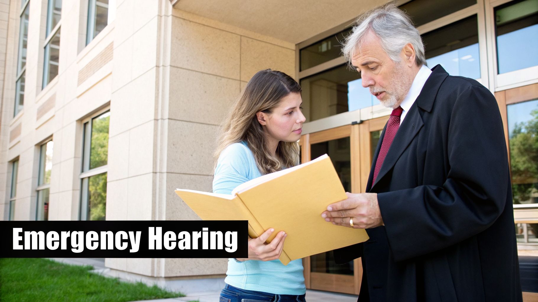 A young woman and a lawyer discuss documents outside a courthouse, possibly for an emergency hearing.
