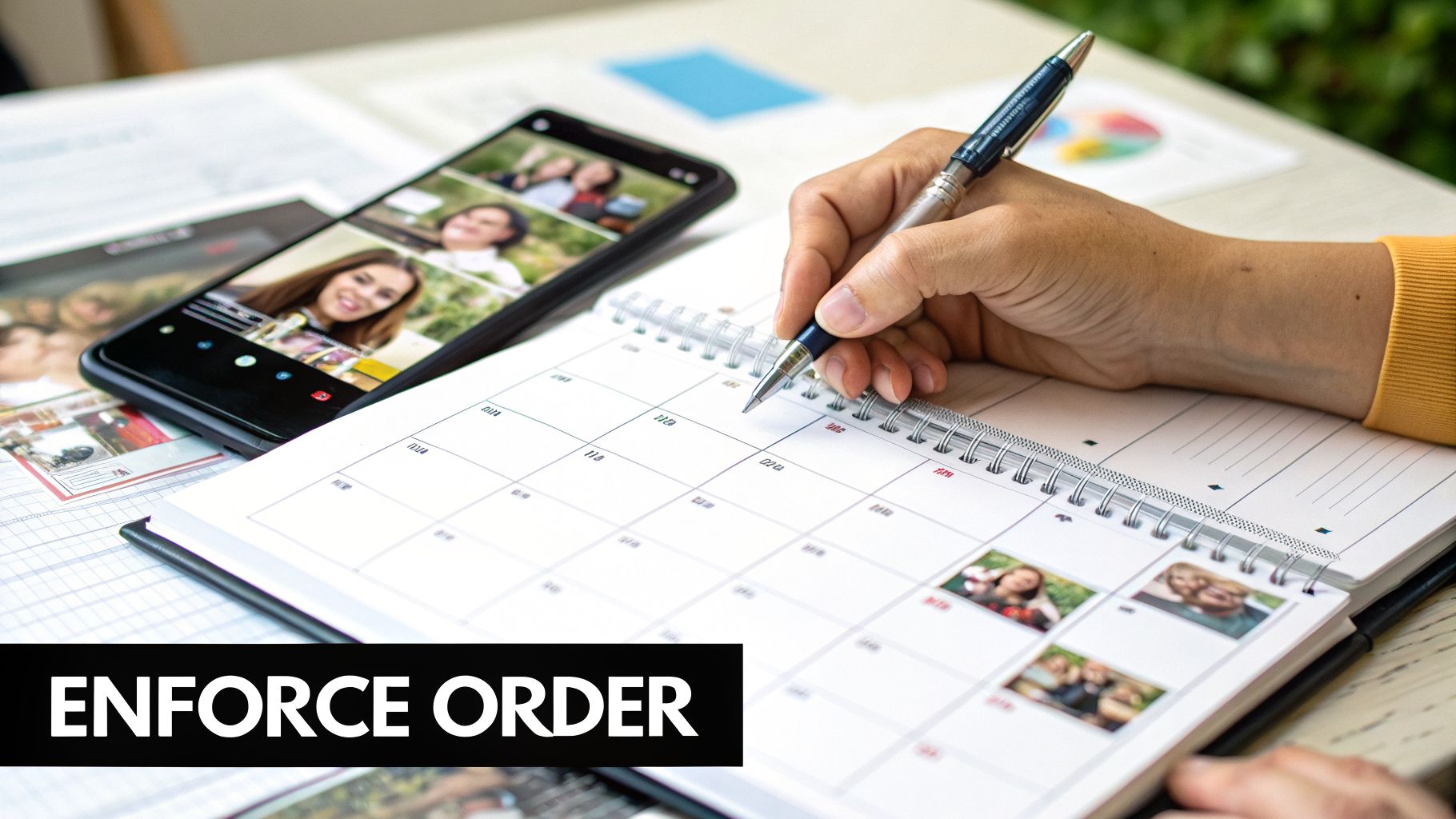 A person's hand writes in a spiral-bound calendar, with a smartphone displaying a video call nearby.