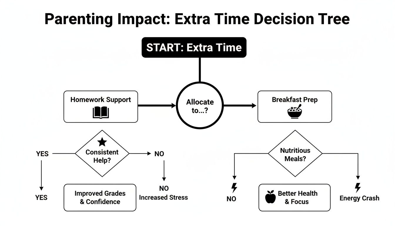 Decision tree for parents on allocating extra time for homework support or nutritious meals.