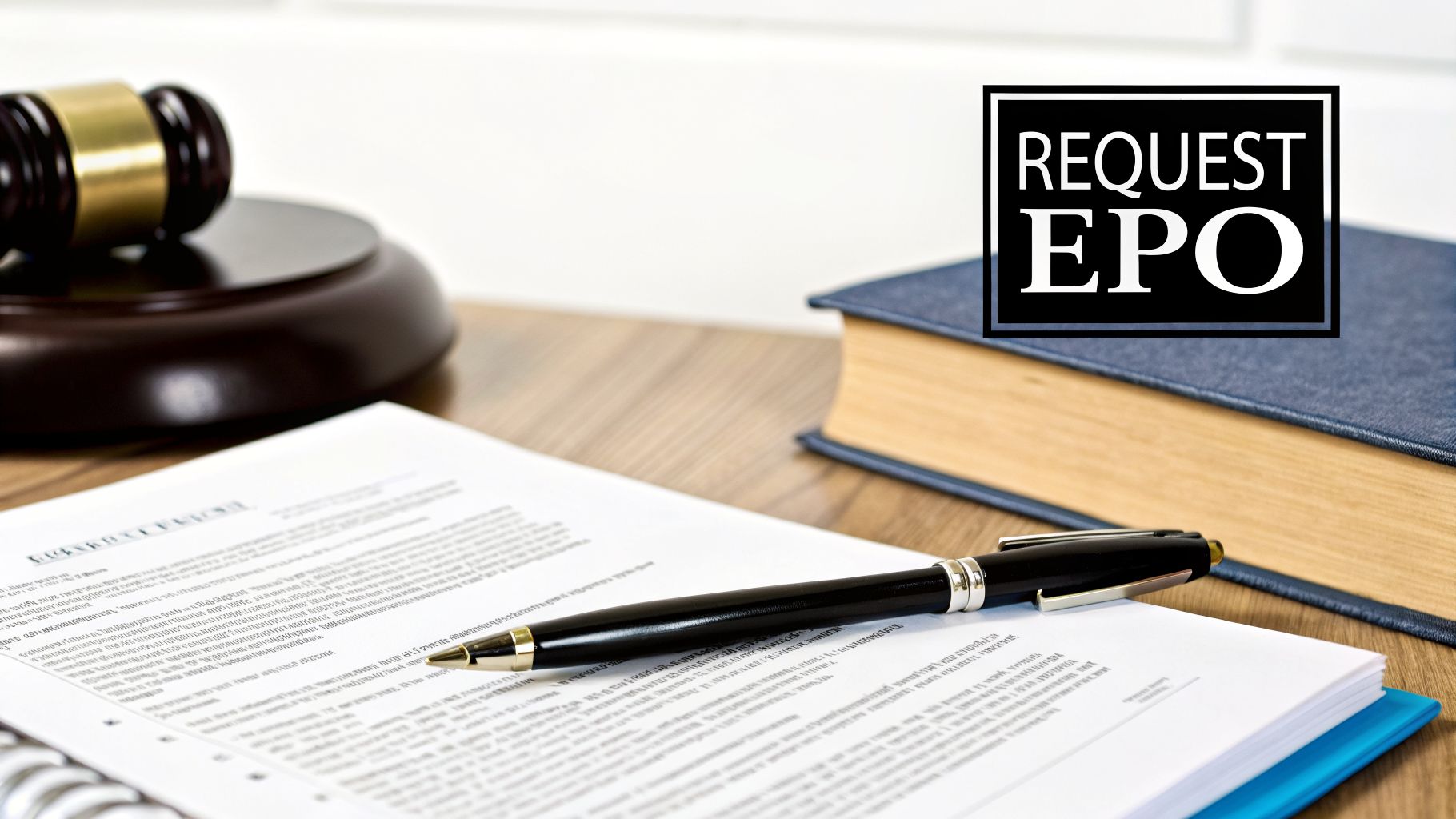 A gavel, legal documents, and a pen on a desk, with 'REQUEST EPO' text on a book.