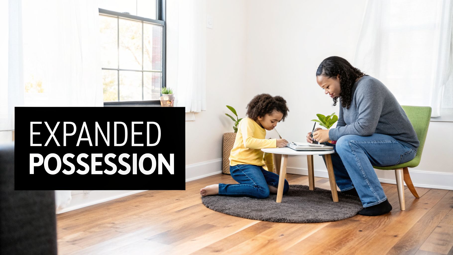 A woman and child writing together at a small table in a bright room, with a text overlay.