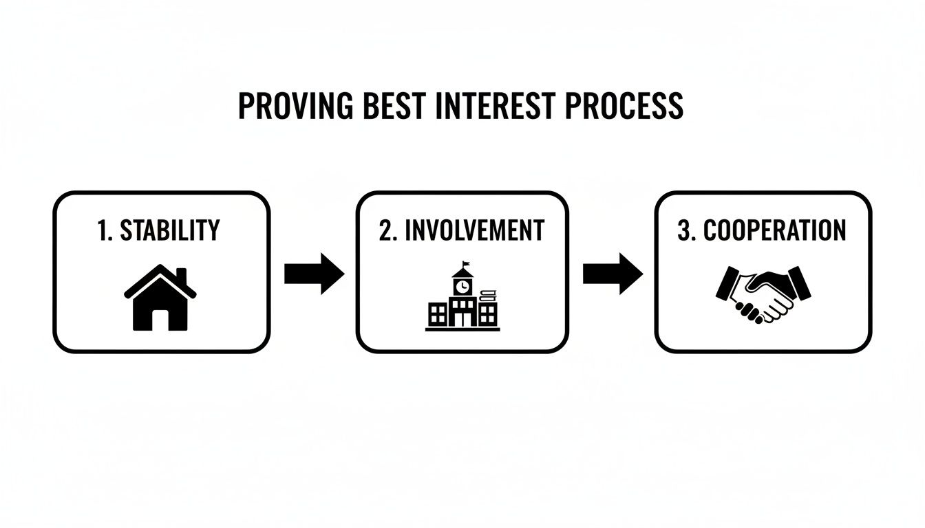 Flowchart illustrating the 'Proving Best Interest Process' with three steps: Stability, Involvement, and Cooperation.