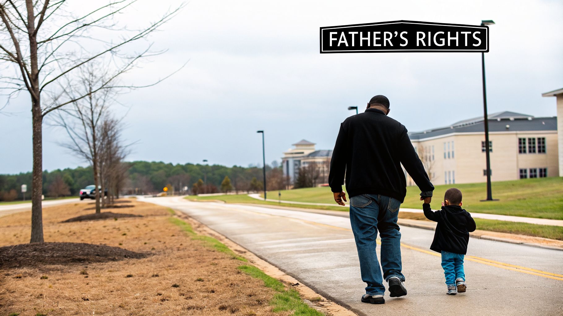 A father and young child walk hand-in-hand down a street beneath a 'FATHER'S RIGHTS' sign.