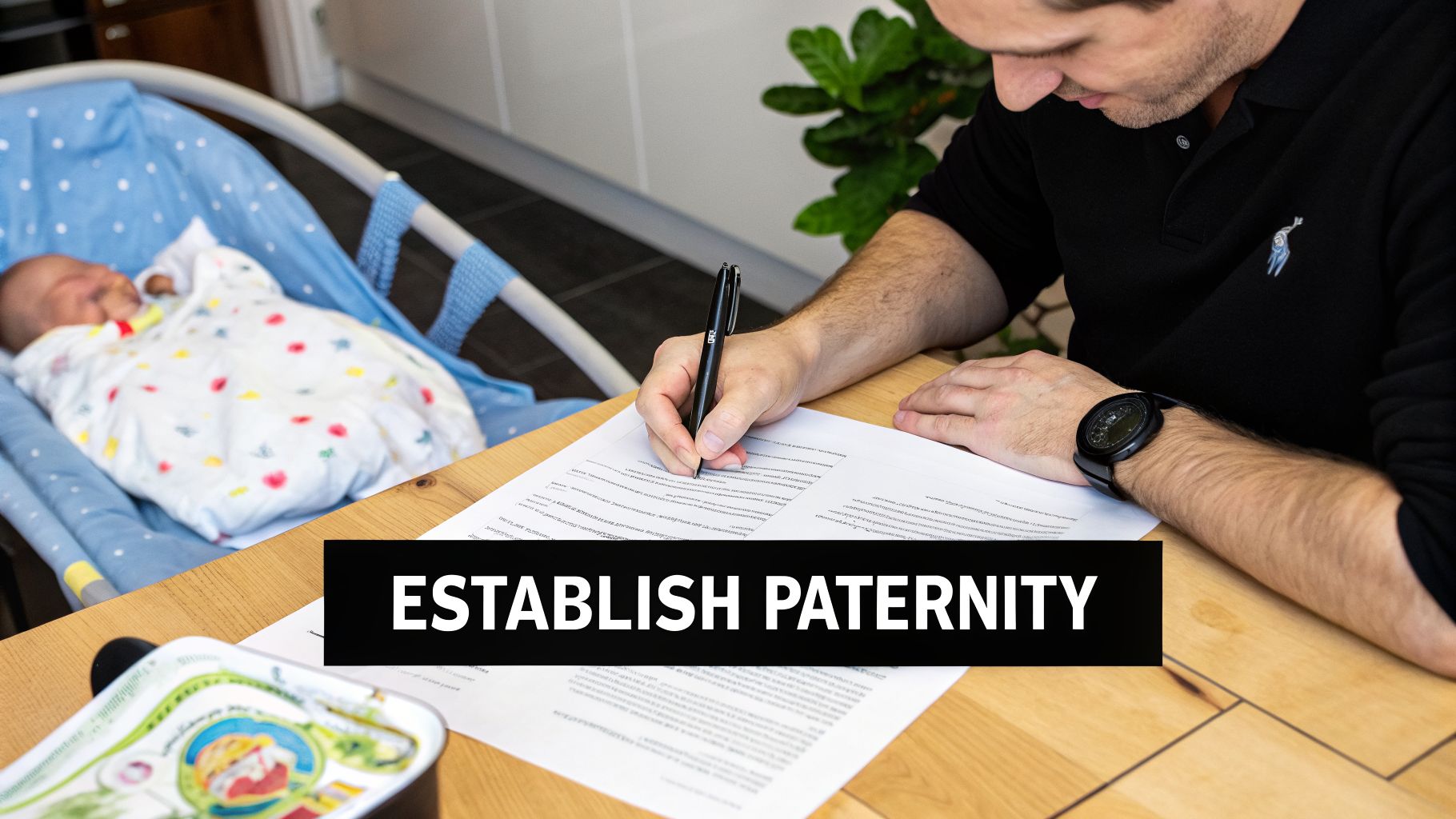 Man signing paternity documents at a table next to a sleeping baby in a bassinet.