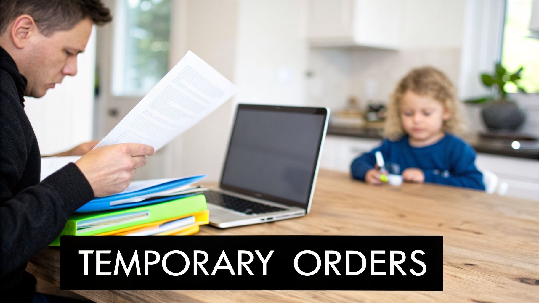 A man reviews legal documents and files on a wooden table, with a laptop and a child in the background.