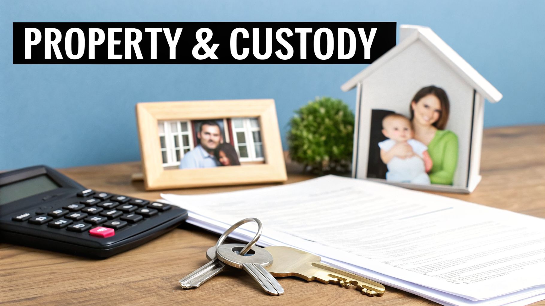 A desk setup with legal documents, a calculator, house keys, and family photos under a 'PROPERTY & CUSTODY' banner.