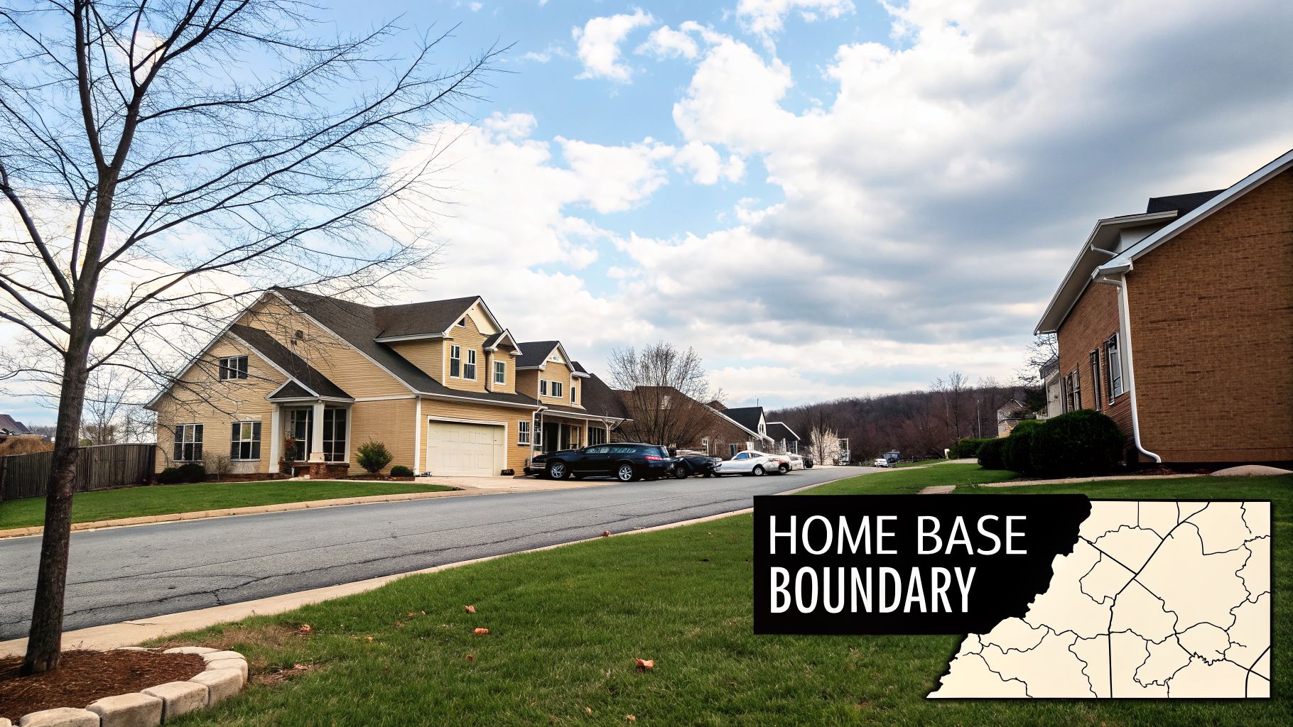 A residential street with houses and bare trees, featuring a graphic overlay of a county map.