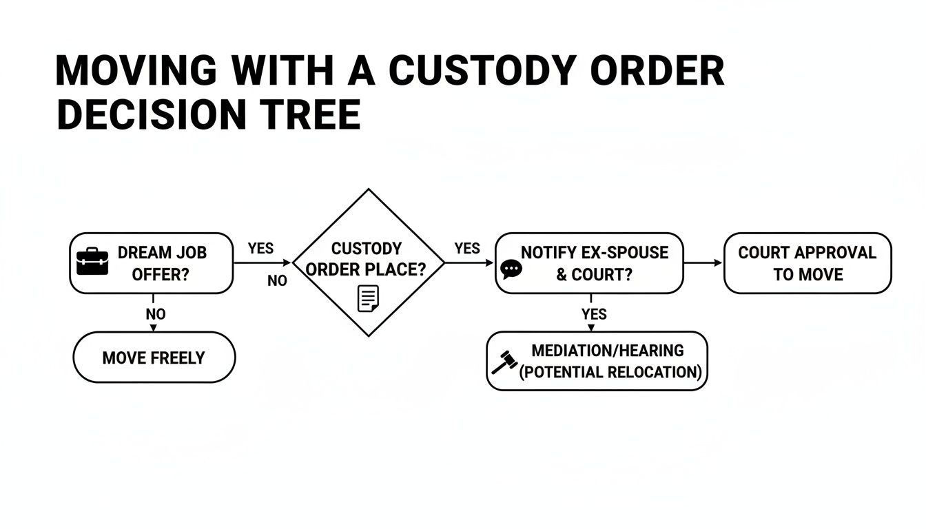 A decision tree flowchart explaining steps to take when moving with a custody order in place.
