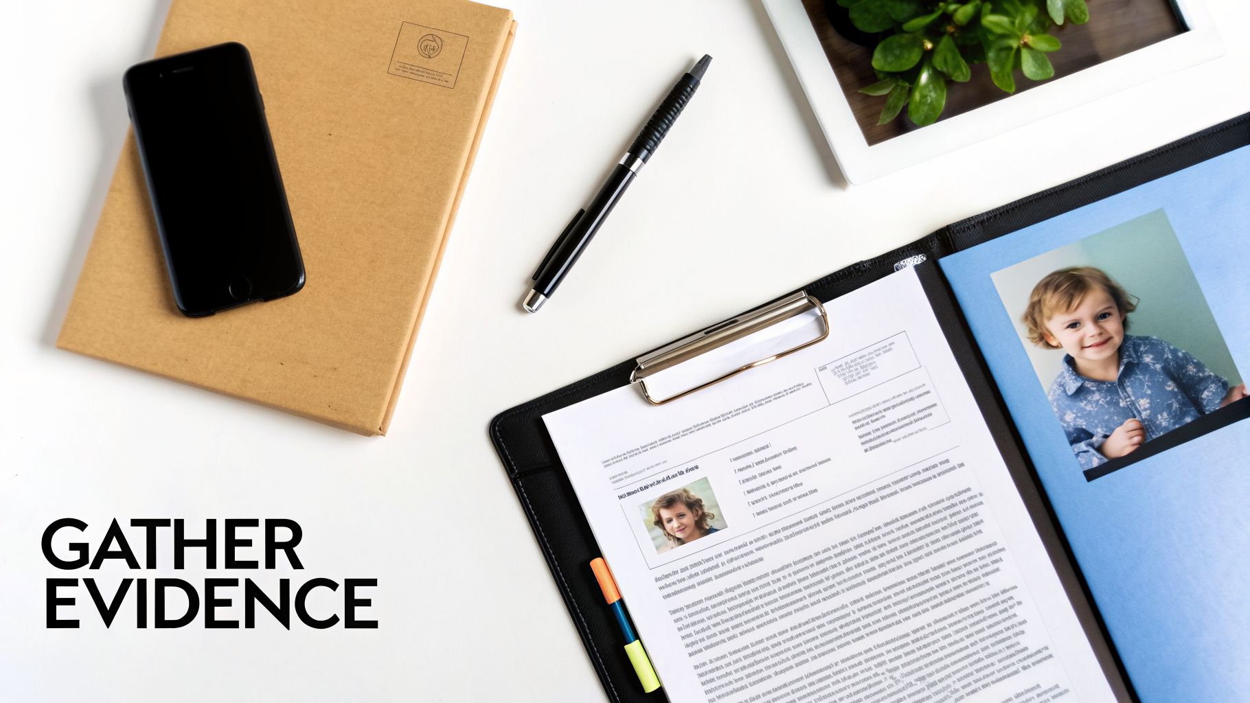 Flat lay of office desk with documents, pen, smartphone, and photos of children, hinting at evidence.