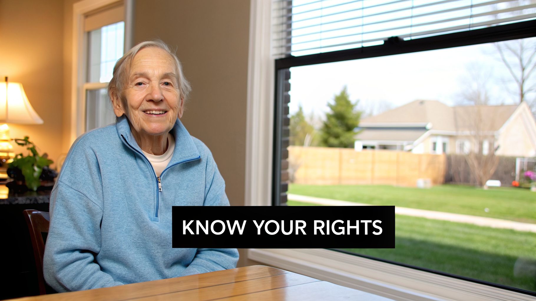 A smiling elderly person in a blue sweatshirt sitting at a table, with "KNOW YOUR RIGHTS" text.