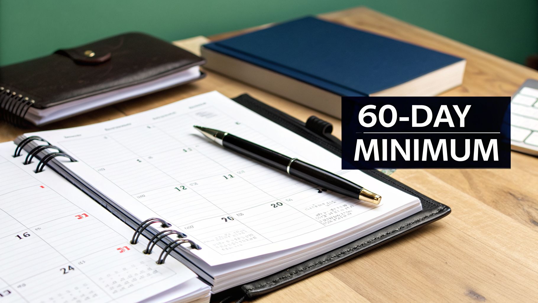An open planner with a pen resting on pages and a '60-DAY MINIMUM' text overlay.