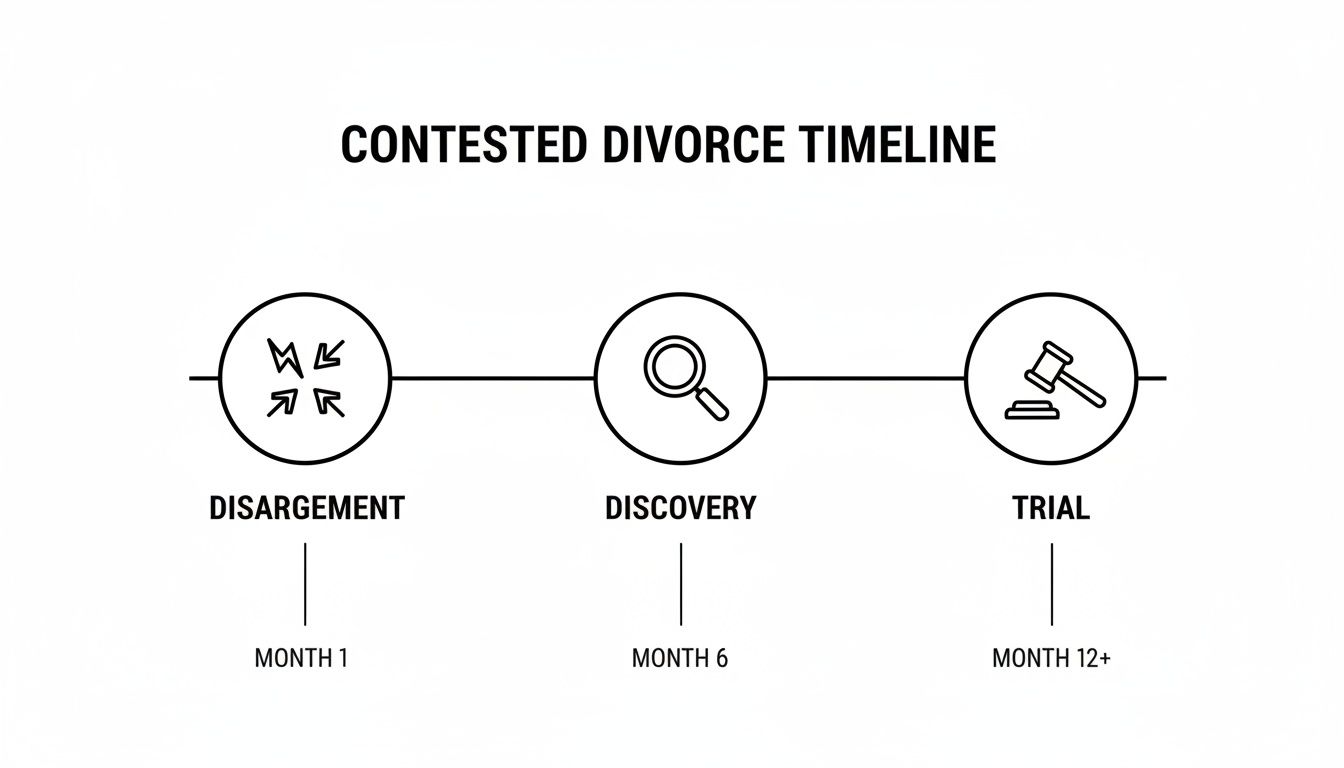 A timeline illustrating the stages and duration of a contested divorce process, from disargement to trial.