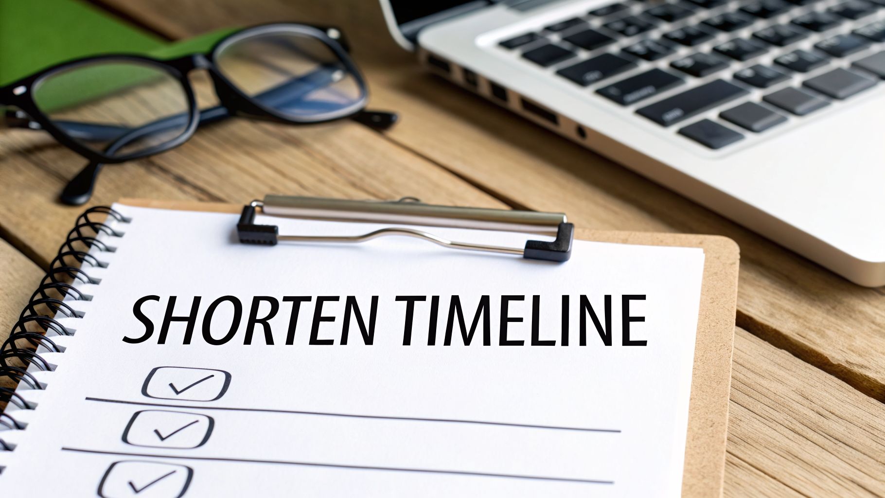 A clipboard on a wooden desk with 'SHORTEN TIMELINE' written on it, next to glasses and a laptop.