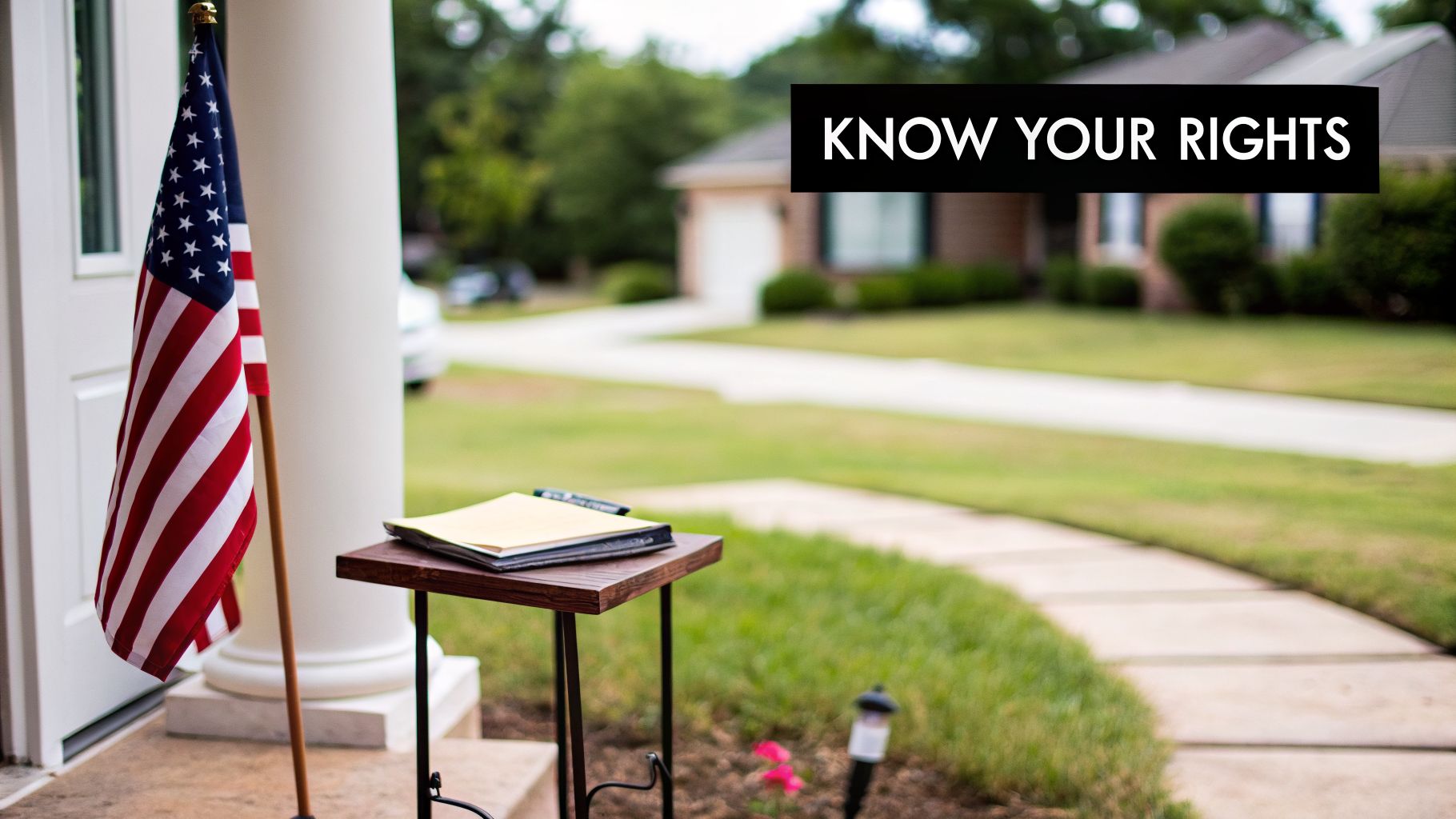 An American flag hangs on a porch next to a table with papers and a 'KNOW YOUR RIGHTS' sign.