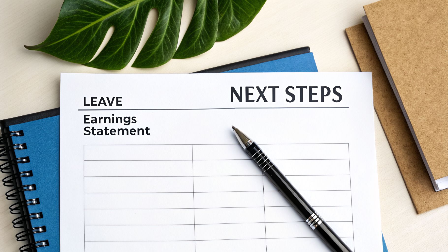 A white document with 'LEAVE Earnings Statement' and 'NEXT STEPS' written, alongside a pen, notebook, and leaf.