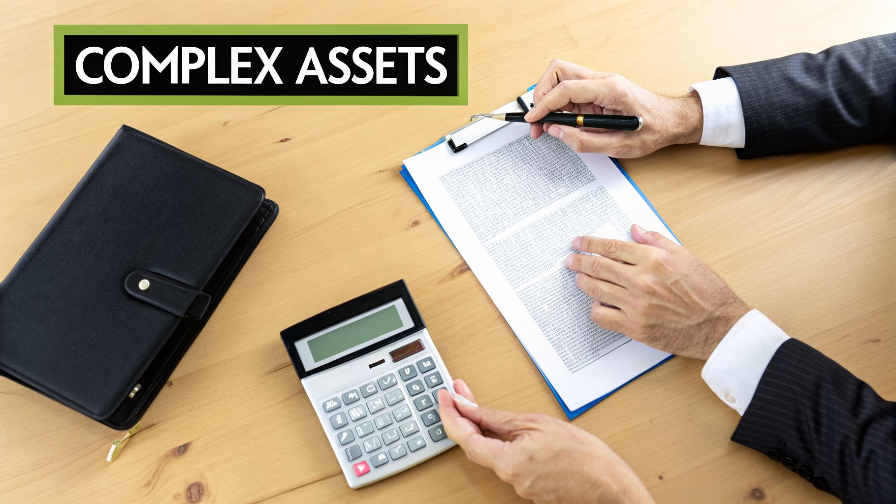 Hands reviewing a document on a clipboard next to a calculator and a binder, with 'COMPLEX ASSETS' text.