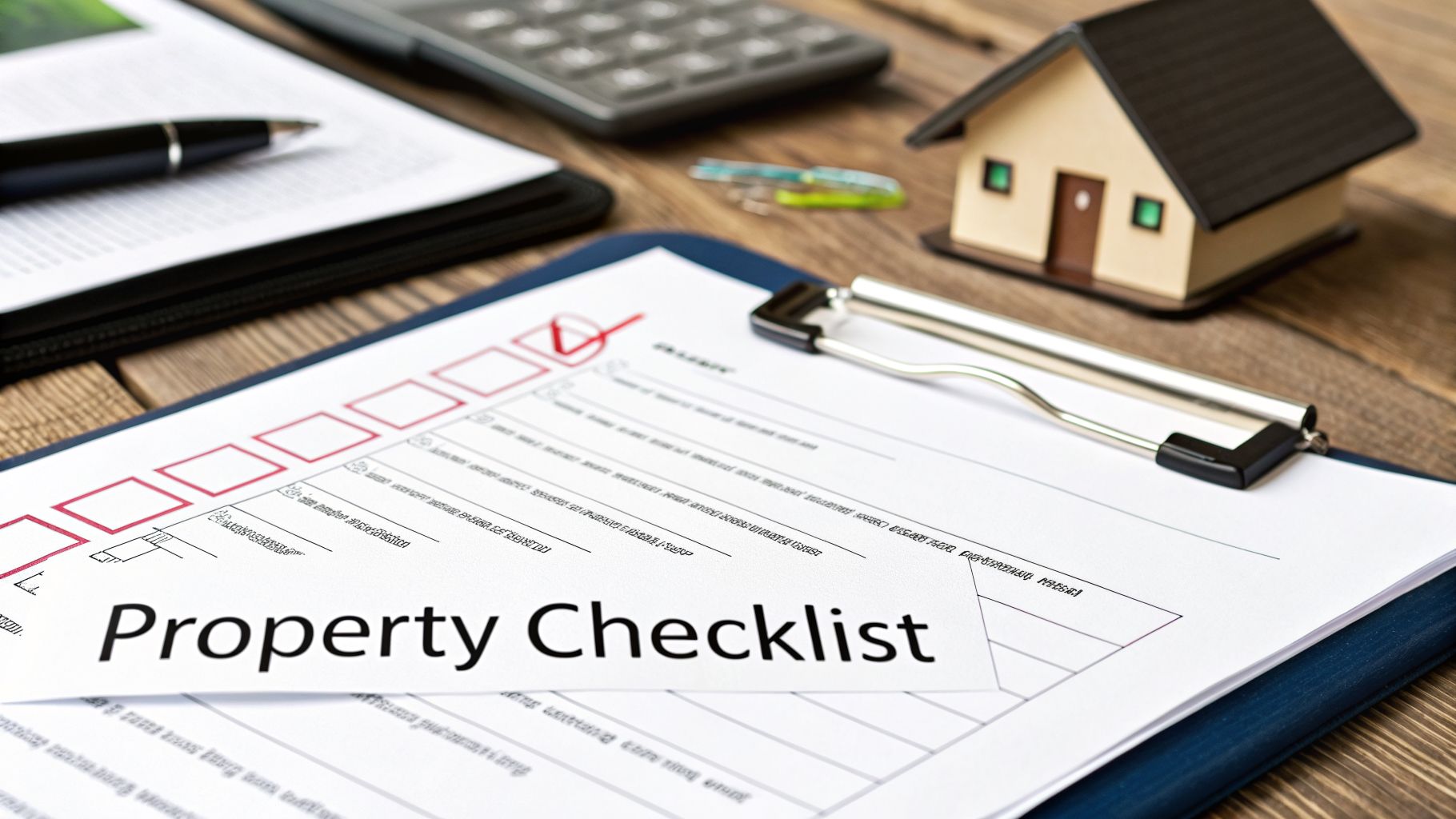 Property checklist with a miniature house, calculator, and pen on a wooden desk, symbolizing real estate tasks.