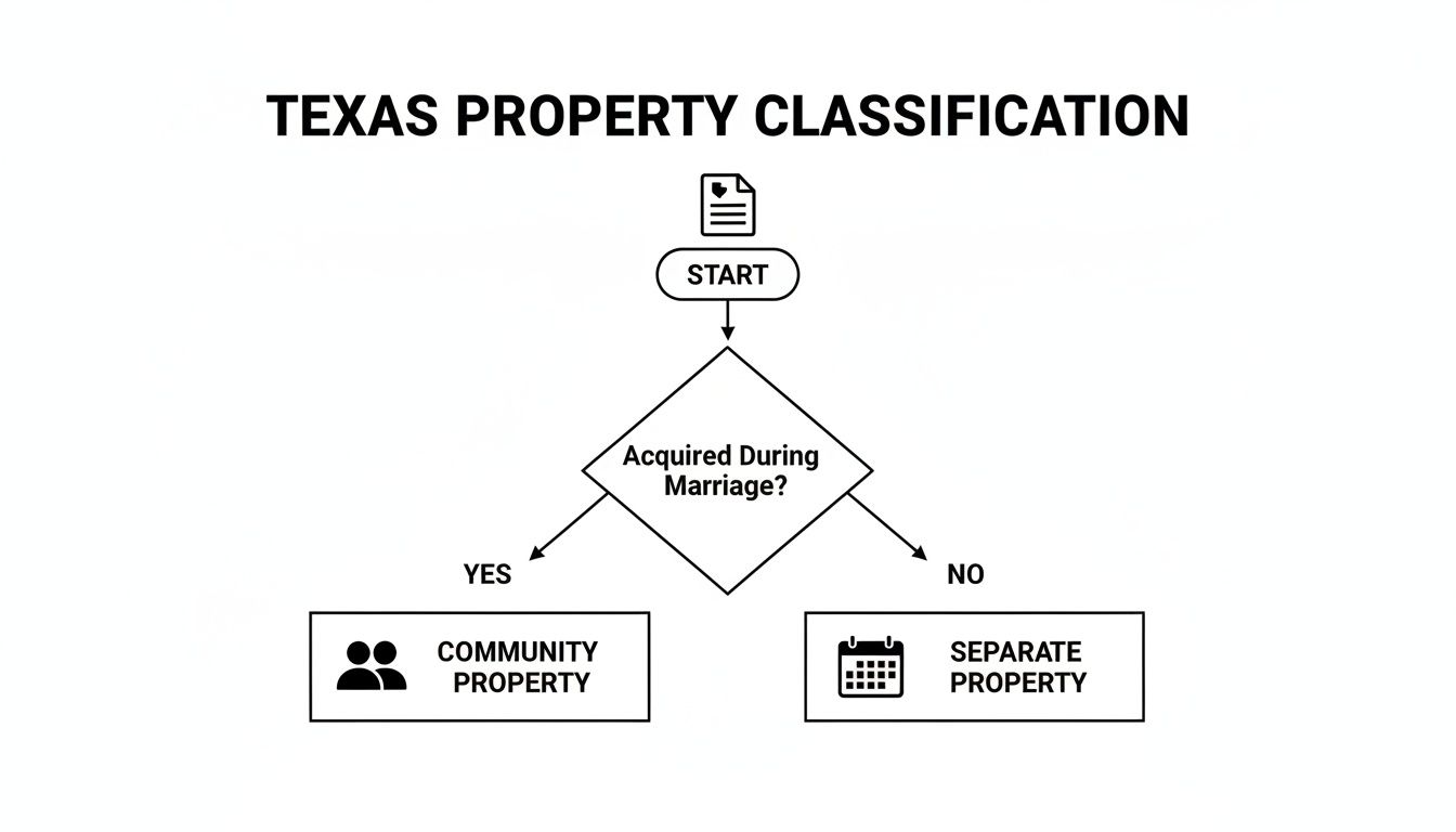 Flowchart illustrating Texas property classification based on acquisition date relative to marriage.