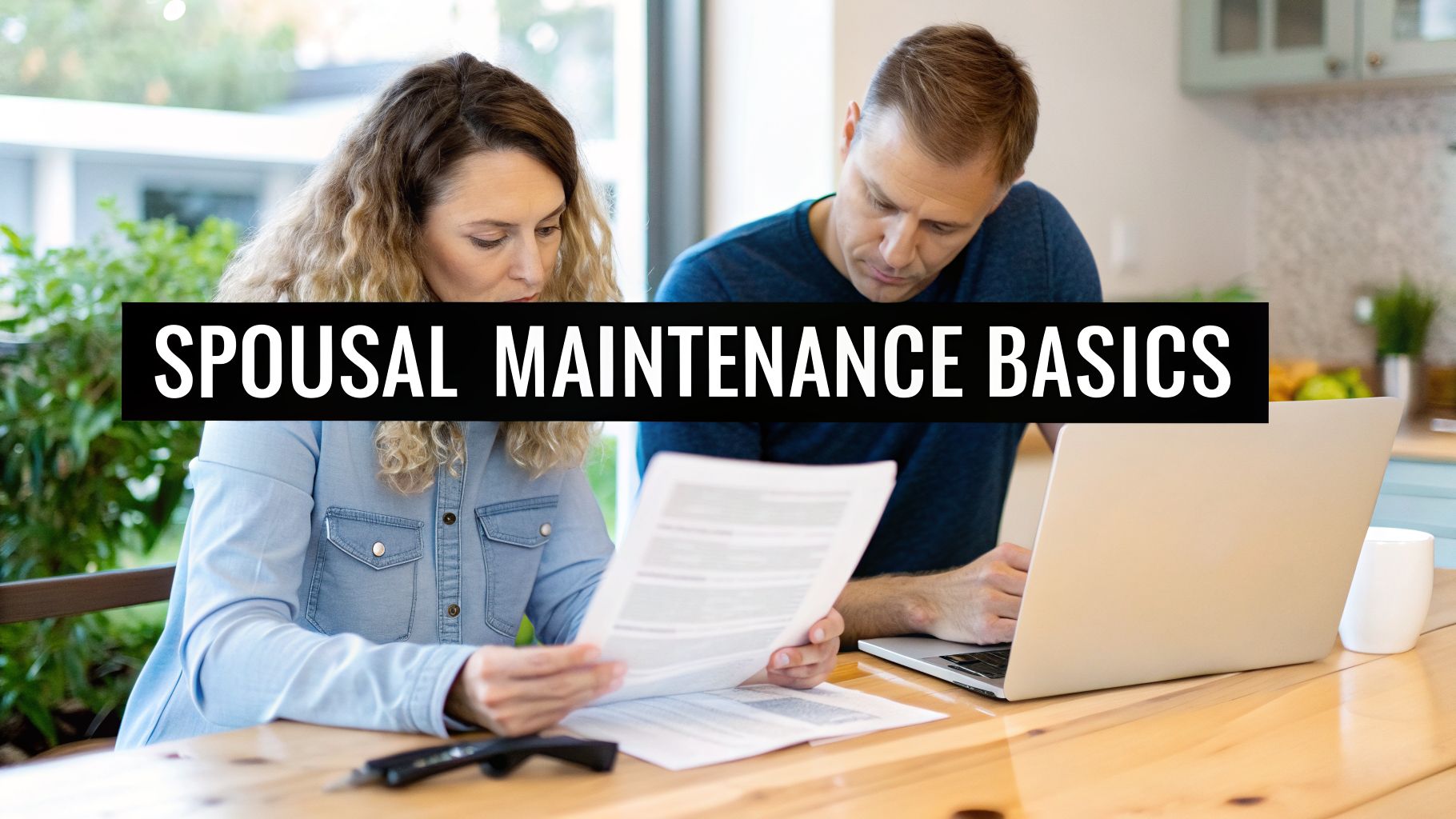 A couple sits at a table, reviewing spousal maintenance documents and financial information on a laptop.