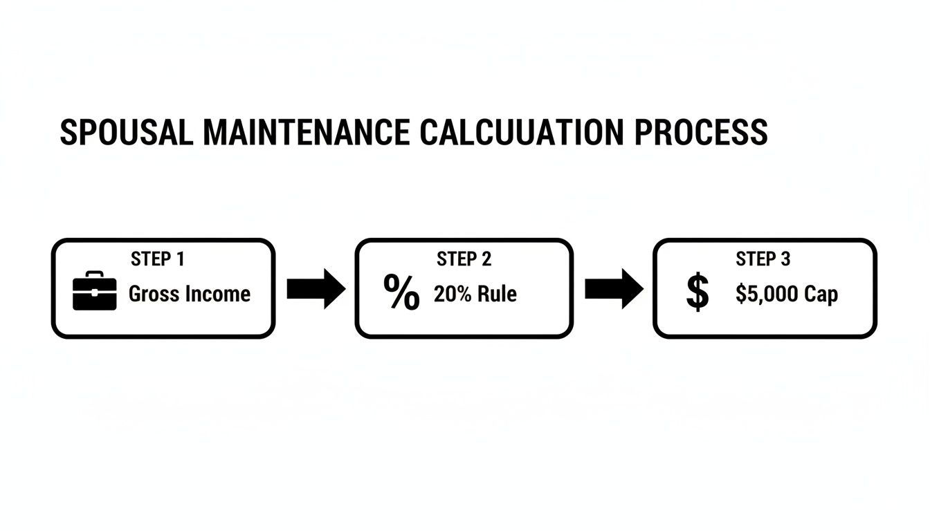 Flowchart illustrating the spousal maintenance calculation process with three steps: Gross Income, 20% Rule, and $5,000 Cap.