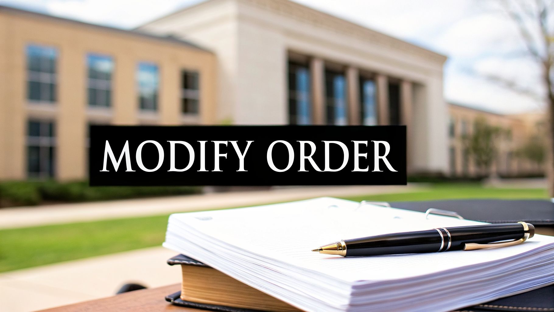 A black banner with 'MODIFY ORDER' in white text, set against a blurred background of a court building and a pen on a notebook.