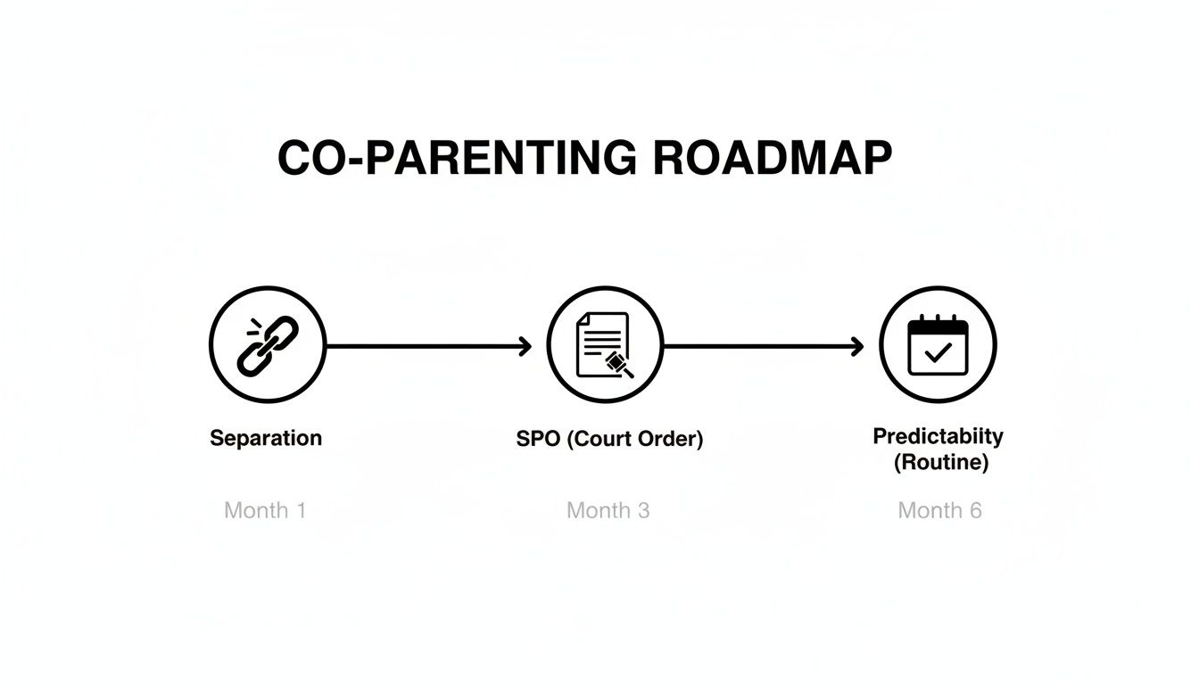A co-parenting roadmap illustrating the journey from separation to court order and establishing a routine over six months.